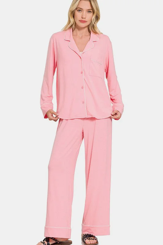 Hazel Blues® | Zenana Button Down Long Sleeve Top and Pants Lounge Set Formal Stretch Pants Hazel Blues® | Zenana Button Down Long Sleeve Top and Pants Lounge Set Formal Stretch Pants
