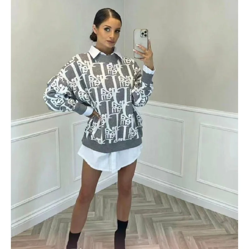 Print Sweater Mini Dress High Neck Crew Neck V-Neck