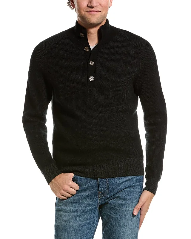 Amicale Cashmere Plaited Brioche Button Mock Cashmere Sweater Handmade Hand-knitted Hand-woven