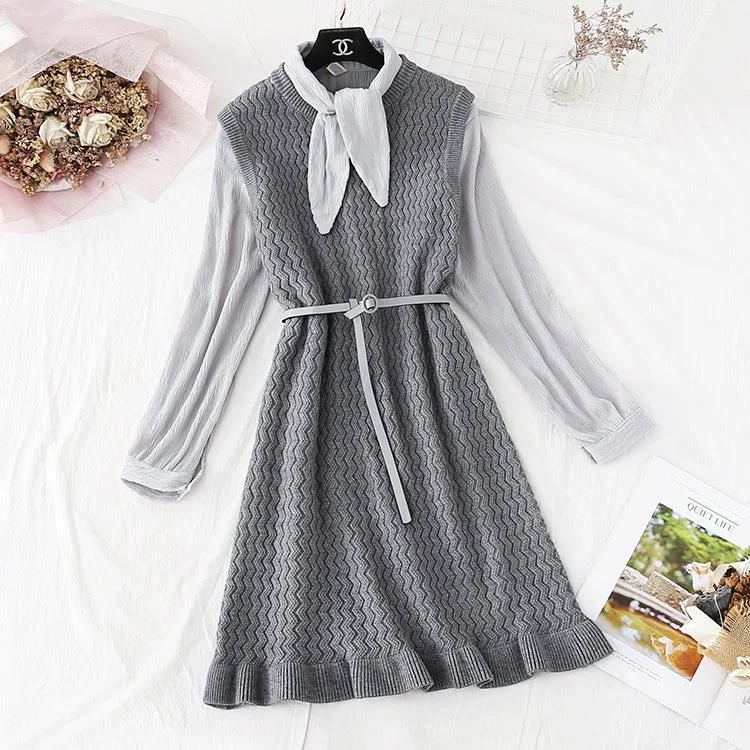 Sweater vest vest skirt with chiffon bottomed shirt set  3804 Solid Print Embellished