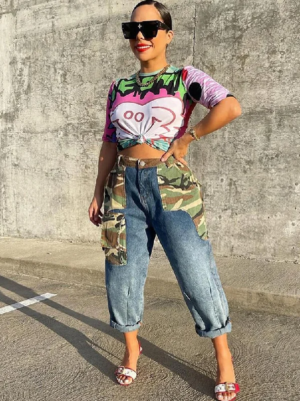 Denim Camouflage Color Block Bodycon Pants Soft Sweatpants Style