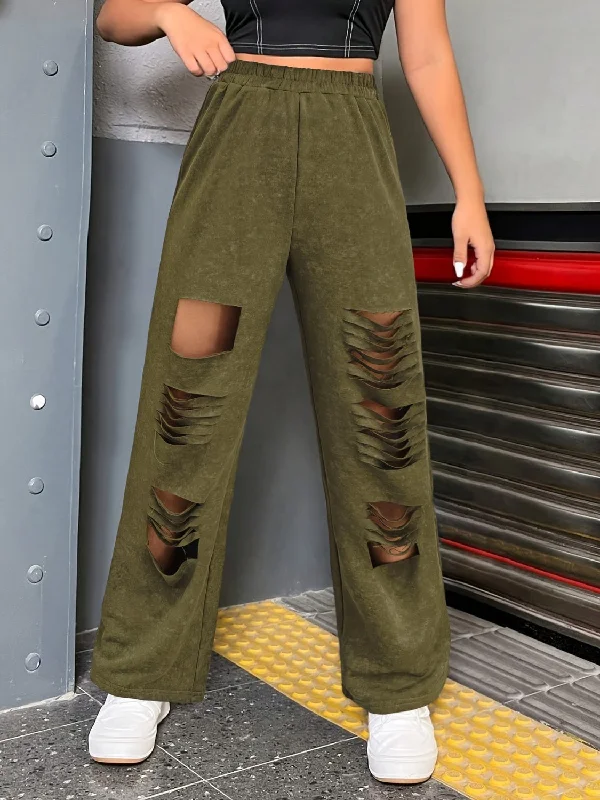 Hazel Blues® |  Distressed Elastic Waist Straight Leg Pants Trendy Work Pants