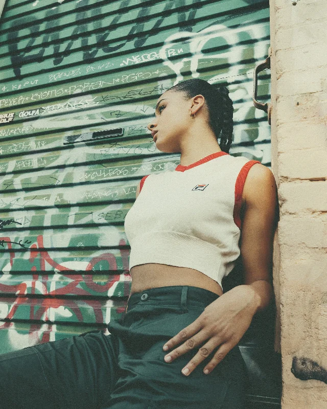 Fila Women's Heritage Cropped Sweater Vest Cream Fitted Slim Tailored