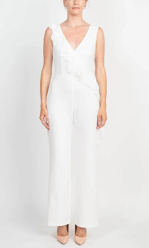 Connected Apparel TJE48170M1 - Ruffled Asymmetric Pantsuit Elegant Palazzo Trousers