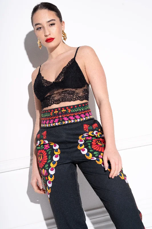 Sziny Heritage Matyó Black pants Classic Straight-Leg Pants