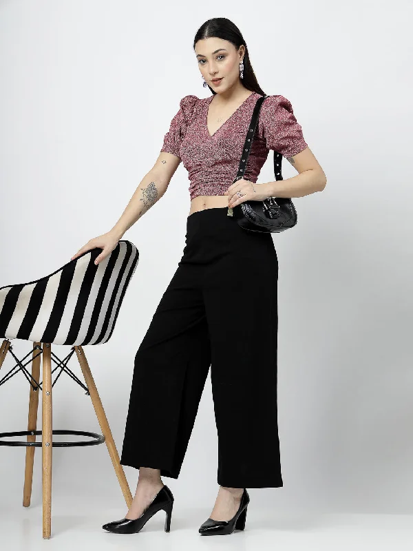 Fuchsia Front Wrap with Ruching Top and Black Pant Cozy Full-Length Pants