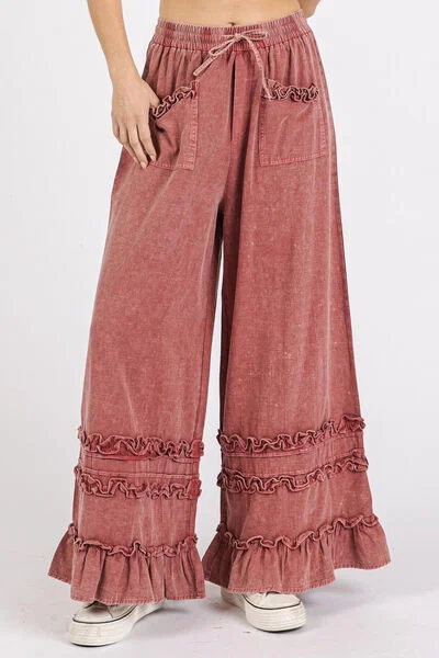 Hazel Blues® | Mittoshop Ruffle Trim Pocket Mineral Wash Wide Leg Pants Formal Linen Trousers Hazel Blues® | Mittoshop Ruffle Trim Pocket Mineral Wash Wide Leg Pants Formal Linen Trousers