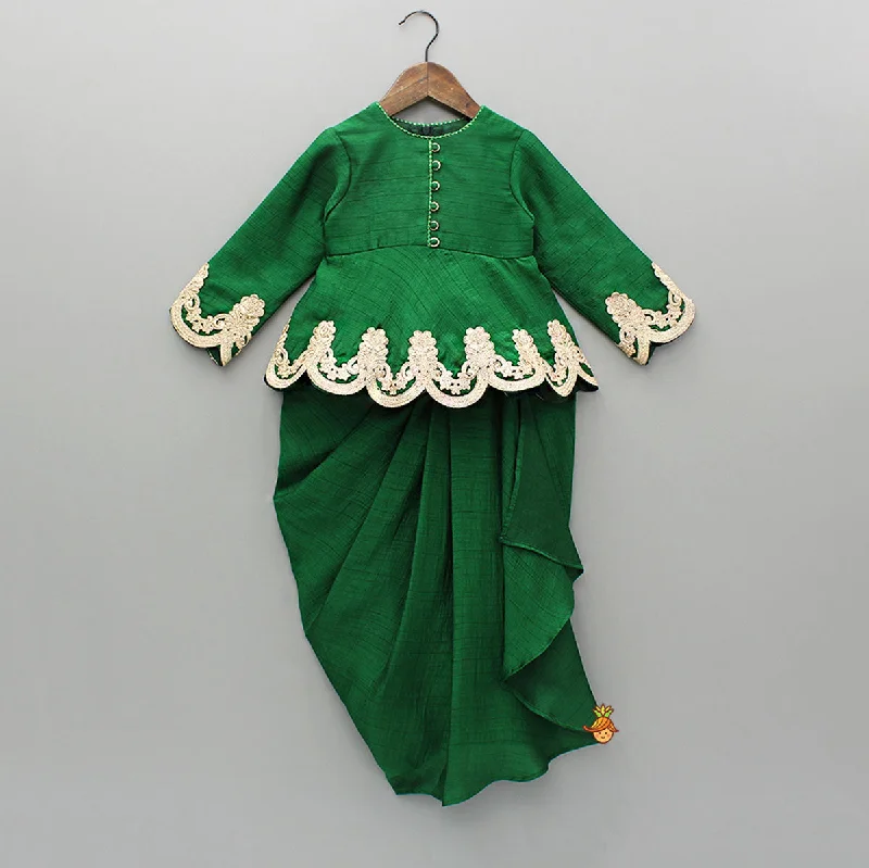 Pre Order: Green Embroidered Peplum Top And Stylish Dhoti Skirt linen skirt natural
