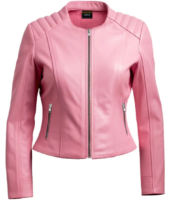 Women Biker Jacket Pink Faux Leather Collared Jacket Crew Neck Jacket Turtle Neck Jacket Women Biker Jacket Pink Faux Leather Collared Jacket Crew Neck Jacket Turtle Neck Jacket