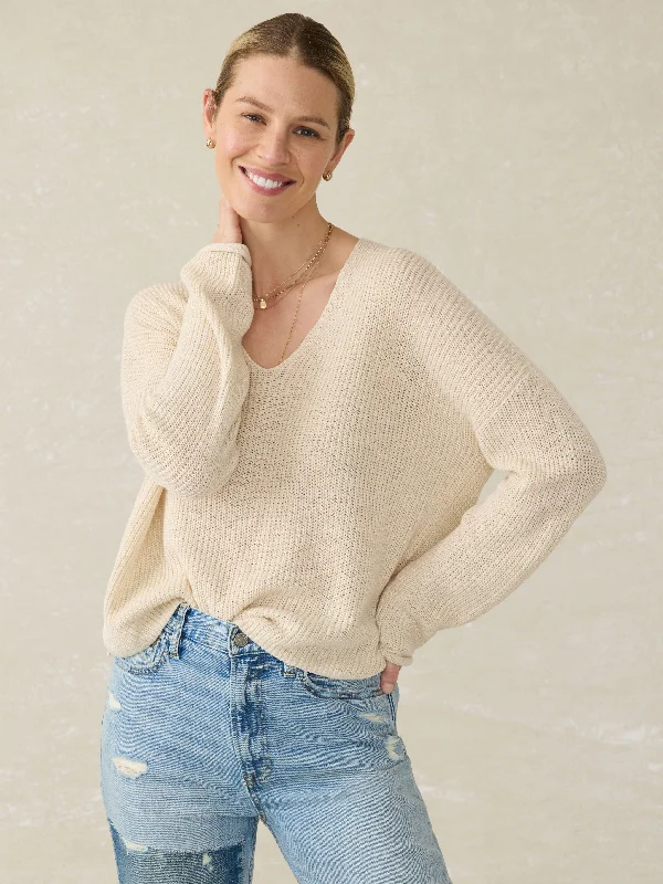 Miramar Linen V-Neck Sweater - Summer Sand Cable Knit Ribbed Knit Lace Knit