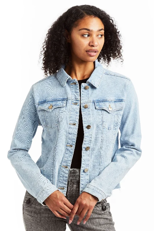 Loretta - Basic Denim Jacket With Frays Zippered Front Buttoned Front Snap Front
