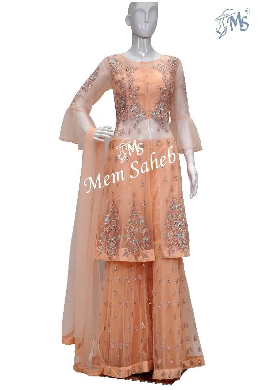 Indo Western Peach Bell Sleeves Embroidery Jacket and Gharara Pant Casual Wide Pants Indo Western Peach Bell Sleeves Embroidery Jacket and Gharara Pant Casual Wide Pants