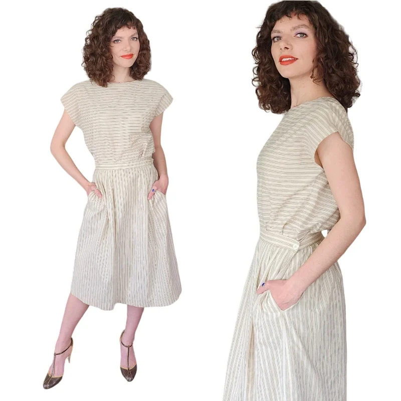 Vintage 80s Striped Print Top + Skirt Set Beige by Phil Carry / S chiffon skirt airy Vintage 80s Striped Print Top + Skirt Set Beige by Phil Carry / S chiffon skirt airy