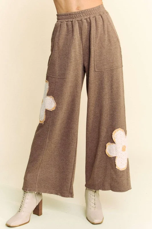 Hazel Blues® | Davi & Dani Flower Patch Elastic Waist Wide Leg Pants Modern Stretch Trousers Hazel Blues® | Davi & Dani Flower Patch Elastic Waist Wide Leg Pants Modern Stretch Trousers