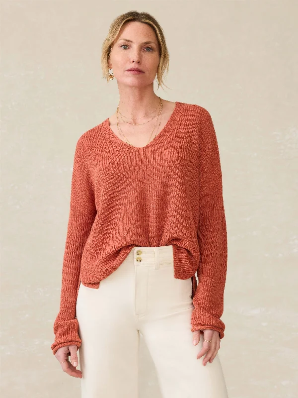 Miramar Linen V-Neck Sweater - Red Rock Turtle Neck Boat Neck Asymmetrical Neck