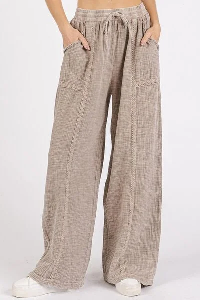 Hazel Blues® | Mittoshop Lace Trim Detail Elastic Waist Cotton Gauze Pants Fashionable Work Pants Hazel Blues® | Mittoshop Lace Trim Detail Elastic Waist Cotton Gauze Pants Fashionable Work Pants