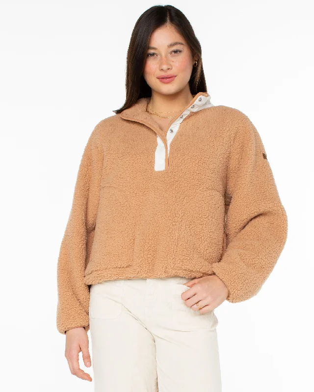 Kipsie Solid Fleece Sweater - Camel Mesh Blend Leather Blend Suede Blend