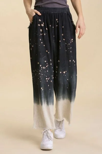 Hazel Blues® | Umgee Raw Hem Linen Blend Bleach Dip Dye Wide Leg Pants Soft Stretch Pants