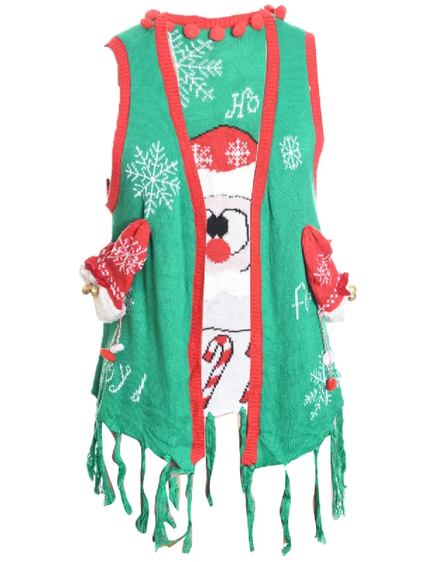 Festive Print Christmas Sweater Vest - M Zippered Front Buttoned Front Snap Front