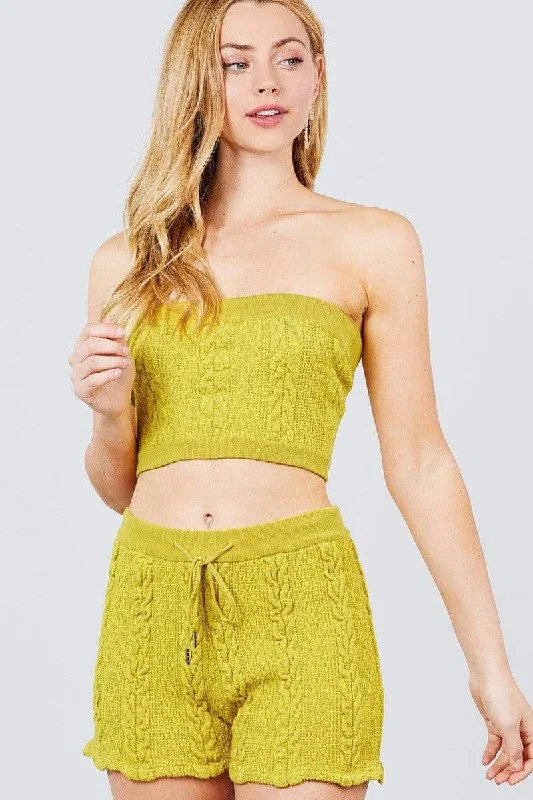 Blue Zone Planet | Cable-Detail Sweater Tube Top And Sweater Short Pants Set Stylish Elastic Waist Pants Blue Zone Planet | Cable-Detail Sweater Tube Top And Sweater Short Pants Set Stylish Elastic Waist Pants