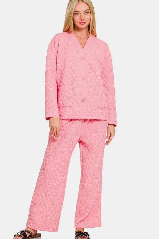 Hazel Blues® |  Zenana Quilted Button Up Long Sleeve Top and Pants Lounge Set Cozy Maternity Pants