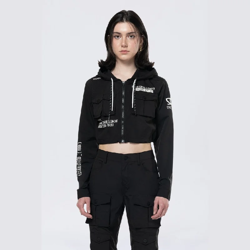 Hooded Utility Full Zip Jacket - Black Boat Neck Shawl Collar Notched Collar