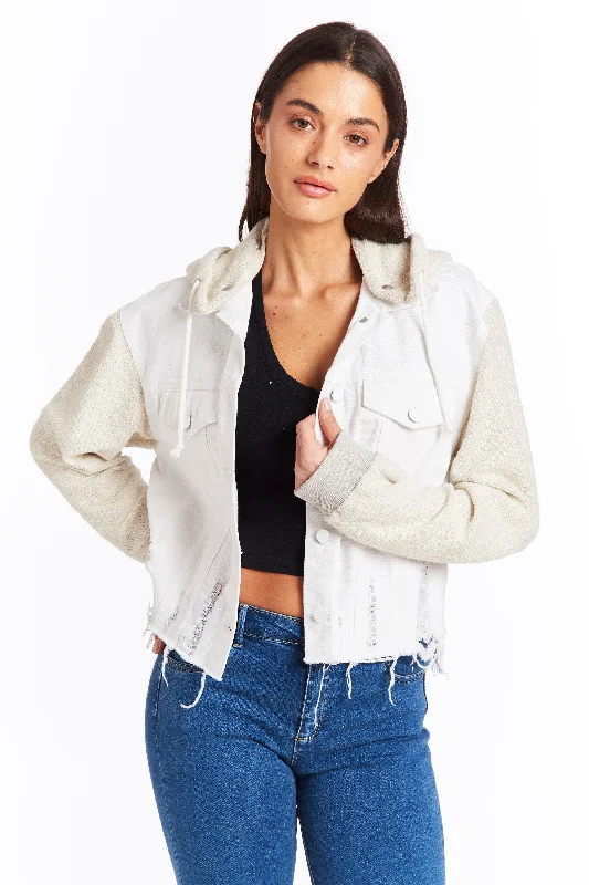 Denim Knit Combo Crop Jacket In White Wool Jacket Cashmere Jacket Tweed Jacket