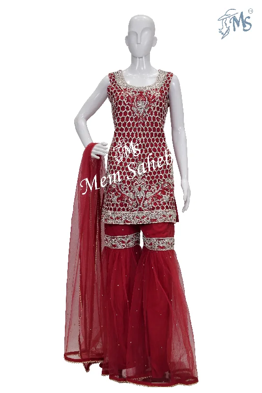 Indo Western Maroon Honeycomb Designer Top with Gharara Pant Cozy Fitted Pants