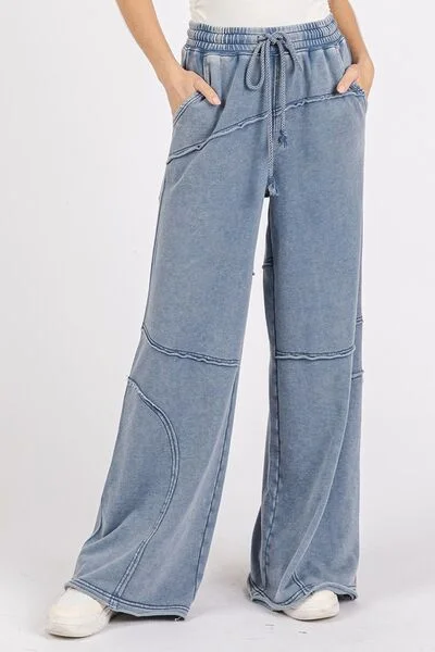 Hazel Blues® | Mittoshop Asymmetric Seam Mineral Wash Elastic Waist Pants Trendy Wide-Legged Trousers Hazel Blues® | Mittoshop Asymmetric Seam Mineral Wash Elastic Waist Pants Trendy Wide-Legged Trousers