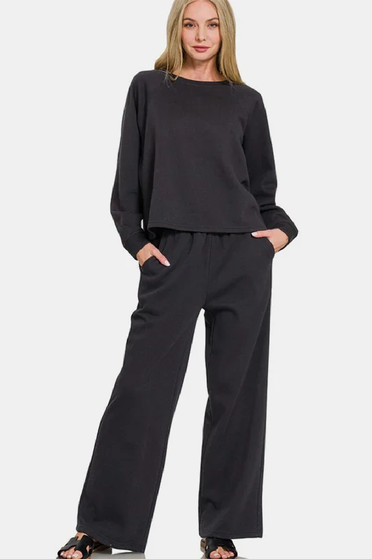 Hazel Blues® |  Zenana Round Neck Raglan Sleeve Top and Elastic Waist Pants Set Lightweight Linen Pants