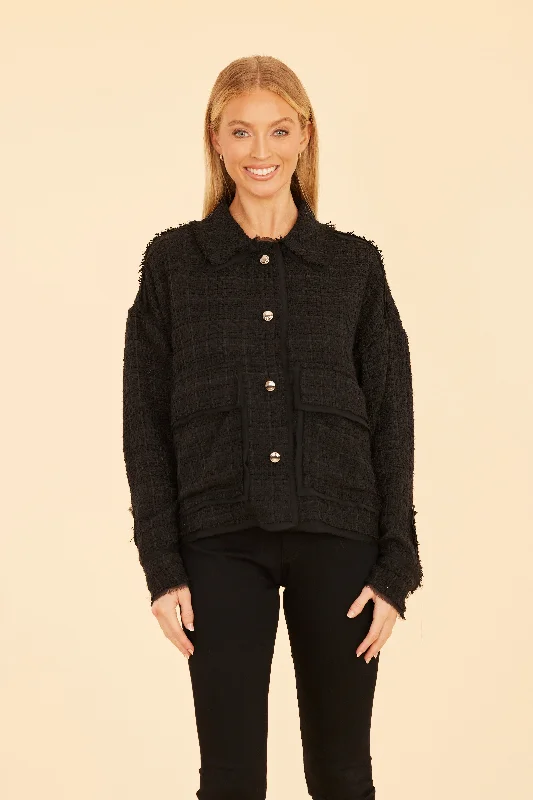Black Tweed & Chiffon Jacket Tailored Jacket Straight Jacket A-Line Jacket