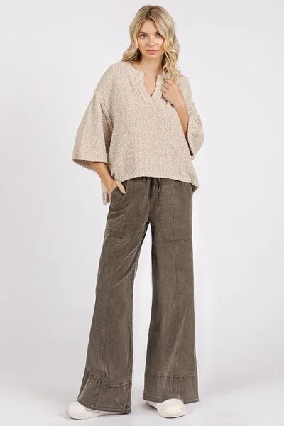 Hazel Blues® |  Mittoshop Mineral Wash Elastic Wide Leg Pants Soft Stretch Trousers