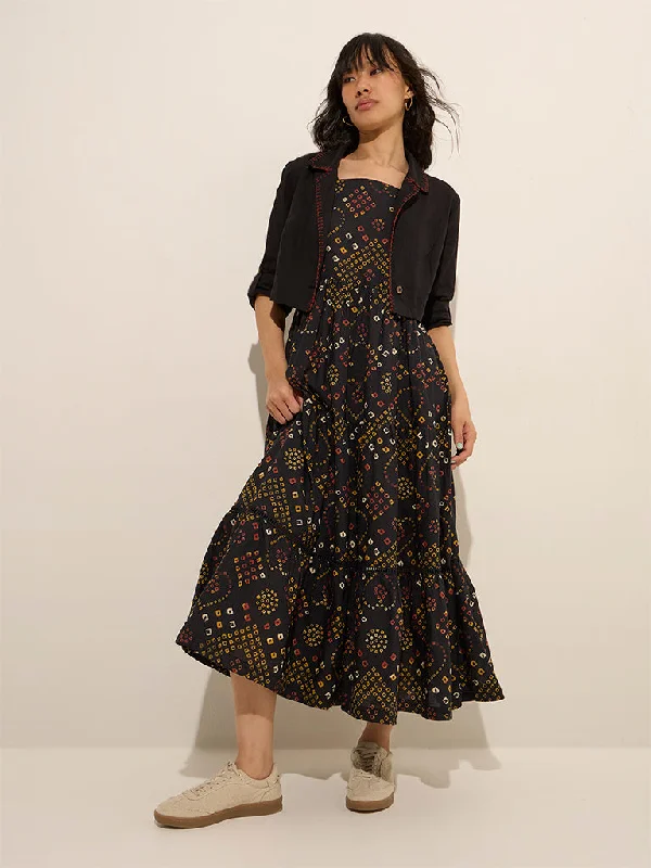 Bombay Paisley Black Bandhani Printed Tiered Dress with Jacket Denim Jacket Leather Jacket Suede Jacket Bombay Paisley Black Bandhani Printed Tiered Dress with Jacket Denim Jacket Leather Jacket Suede Jacket