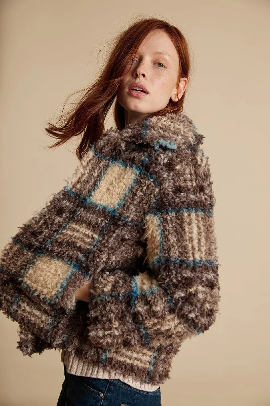 ERICA PLAID FAUX SHERPA JACKET Snapped Jacket Toggled Jacket Drawstring Jacket