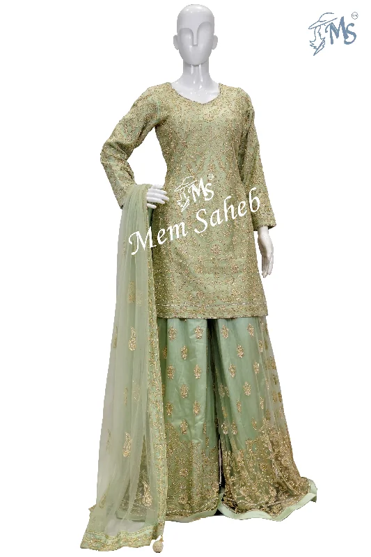 Indo Western Pista Colour all over Thread work with Palazzo Pant Modern Stretch Trousers Indo Western Pista Colour all over Thread work with Palazzo Pant Modern Stretch Trousers