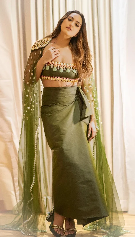 Sonakshi Sinha - MILITARY GREEN EMBELLISHED SKIRT WITH CAPE AND BRALETTE SET silk skirt elegant