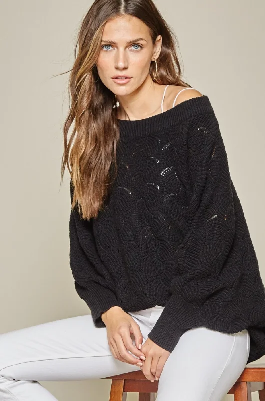Fan Crochet Knit Scallop Edged Sweater - Black {Andree by Unit} Houndstooth Herringbone Solid Fan Crochet Knit Scallop Edged Sweater - Black {Andree by Unit} Houndstooth Herringbone Solid