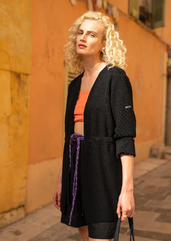 CAUDAN - Long Jacket With Adjustable Waist | 100% Wool (BLACK) Front Pockets Side Pockets Patch Pockets CAUDAN - Long Jacket With Adjustable Waist | 100% Wool (BLACK) Front Pockets Side Pockets Patch Pockets