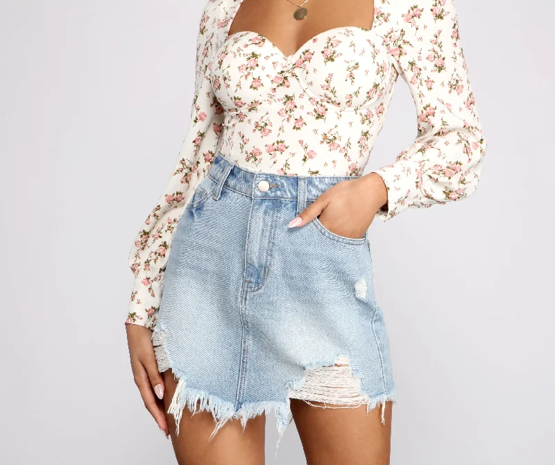 Elise Frayed Denim Mini Skirt lace skirt intricate