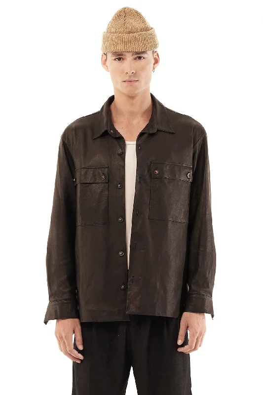 LEATHER SHIRT JACKET IN BLACK Cotton Fabric Linen Fabric Terry Fabric