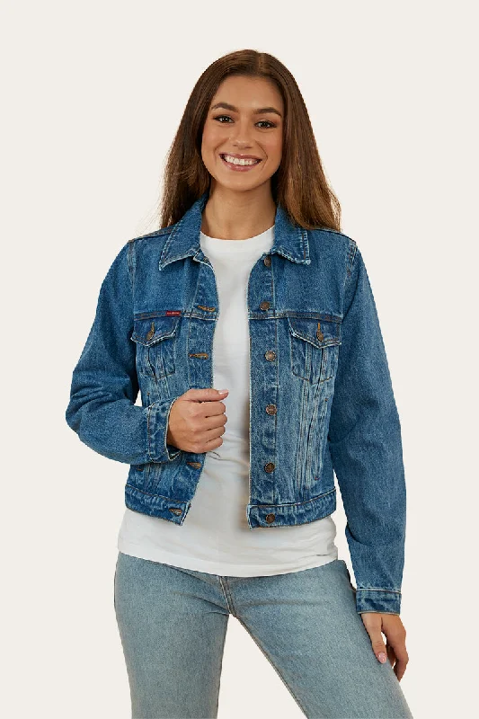 Scarlett Womens Denim Jacket - Mid Wash Blue Belted Jacket Elasticated Jacket Padded Jacket Scarlett Womens Denim Jacket - Mid Wash Blue Belted Jacket Elasticated Jacket Padded Jacket