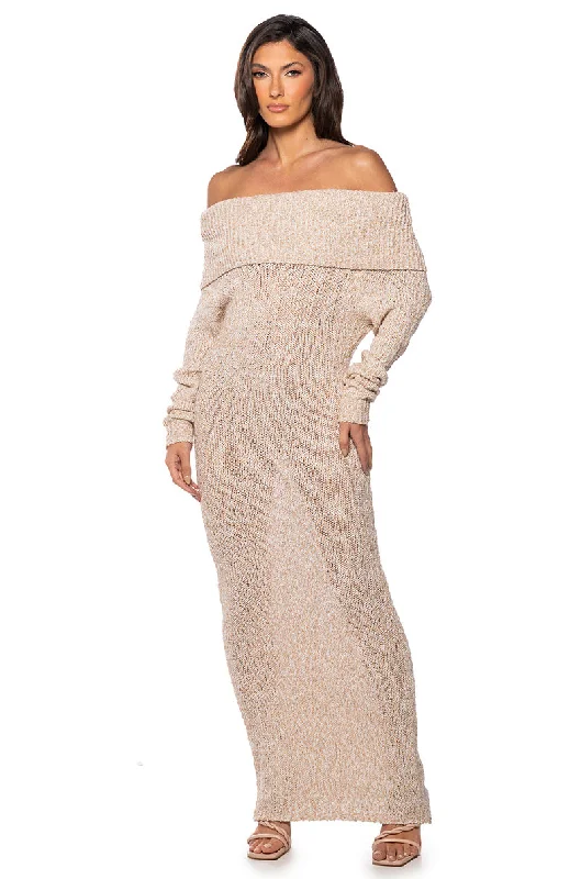STORM OFF THE SHOULDER MAXI SWEATER DRESS Welt Pockets Slit Pockets Flap Pockets
