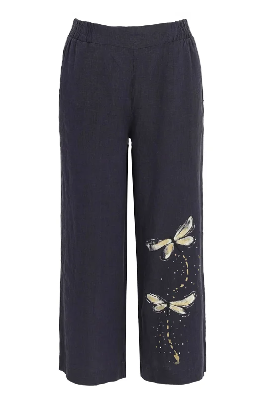 DARK NAVY CROP PANT WITH DRAGONFLIES Casual Track Pants