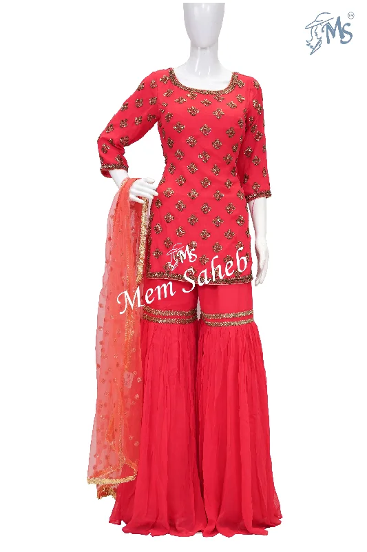 Indo Western Tomato Pink Pure Crape Short Top with Gharara Pant Elegant Silk Pants