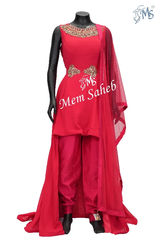 Indo Western Rani Pink Georgette Tail cut Top with Narrow Pant Slim-Fit Khaki Pants
