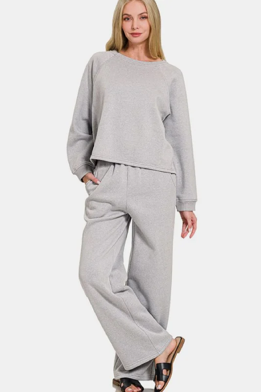Hazel Blues® |  Zenana Round Neck Raglan Sleeve Top and Elastic Waist Pants Set Formal Dress Pants