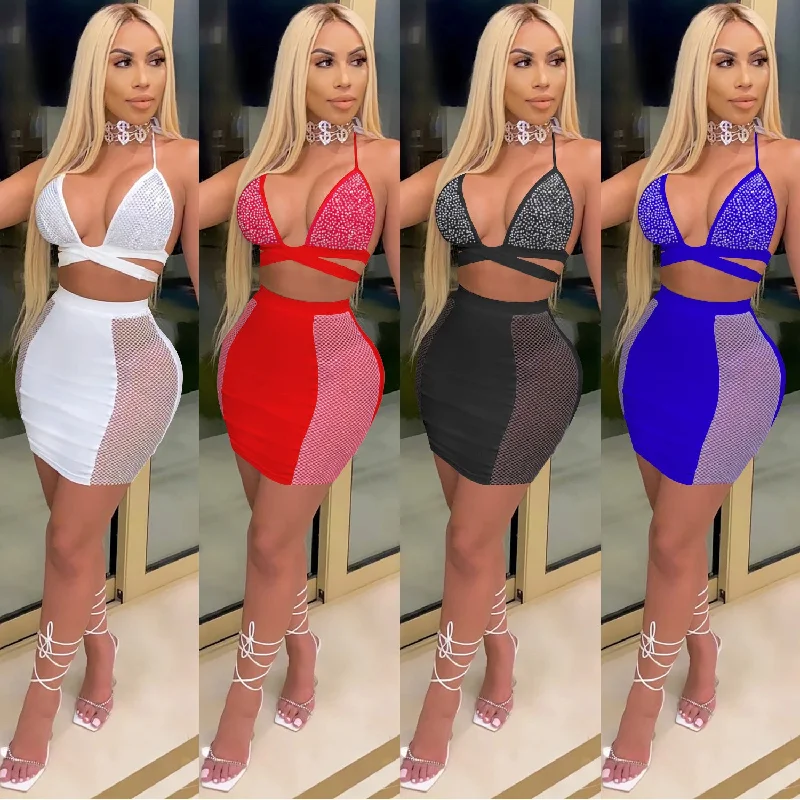 Fashion European And American Nightclub Skirt Hot Drilling Cross Straps Halter Two-Piece Suit tiered skirt playful