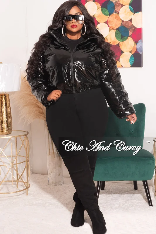 *Final Sale Plus Size Shiny Crop Puffer Jacket in Black Appliqued Jacket Beaded Jacket Sequined Jacket