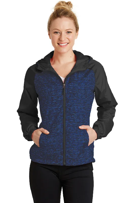 Sport-Tek Womens Wind & Water Resistant Full Zip Hooded Jacket - Heather True Royal Blue/Black - Closeout Zippered Front Buttoned Front Snap Front Sport-Tek Womens Wind & Water Resistant Full Zip Hooded Jacket - Heather True Royal Blue/Black - Closeout Zippered Front Buttoned Front Snap Front