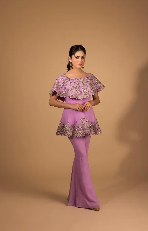 Off Shoulder Long Peplum Top with Sharara Pants Casual Lounge Pants